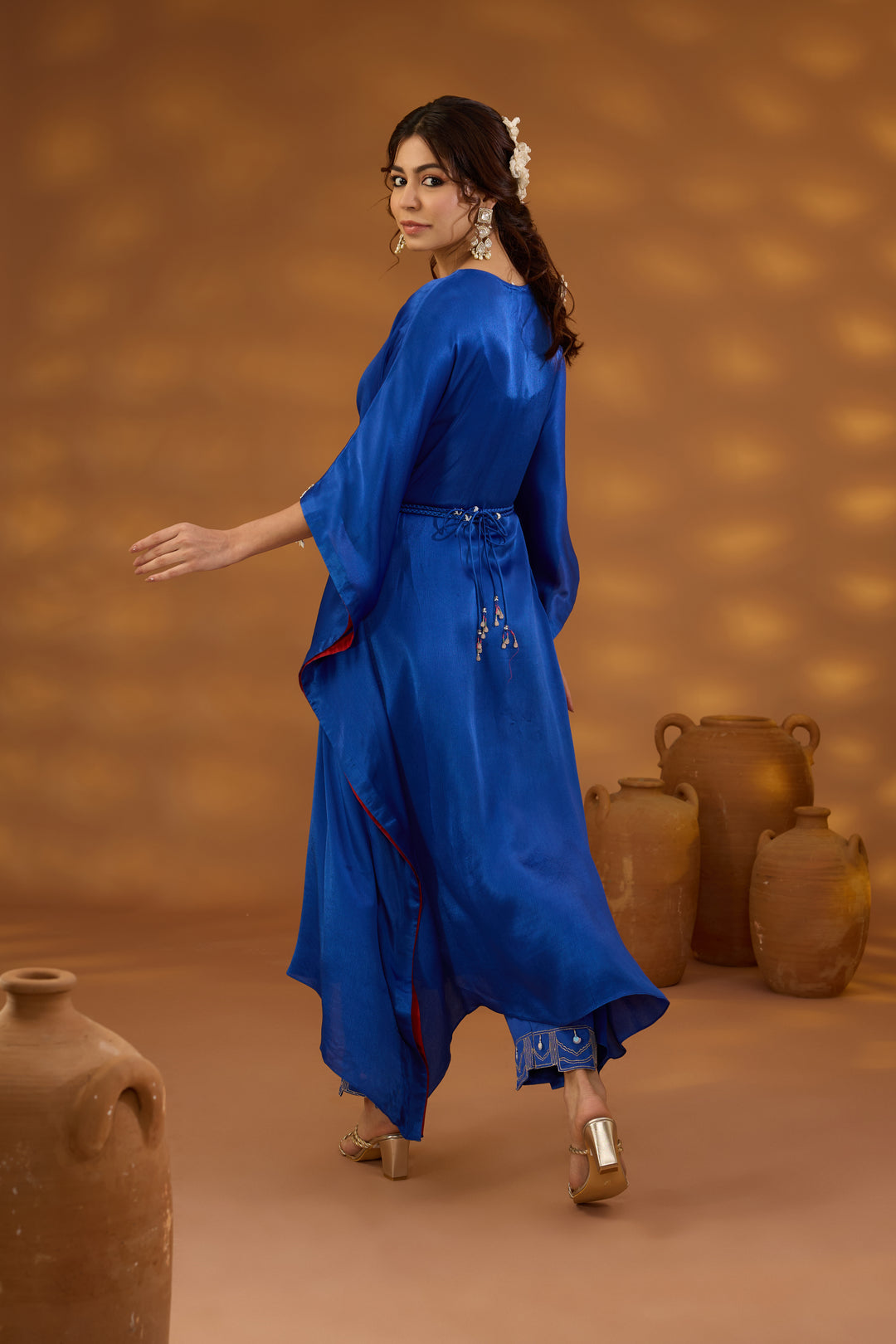 blue embroidered drape kurta set