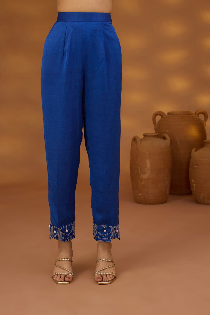 blue embroidered drape kurta set