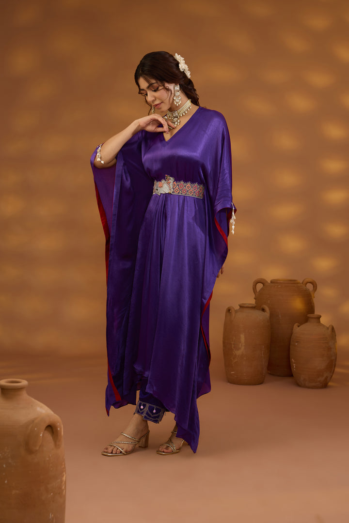 purple chiffon satin embroidered drape kurta set