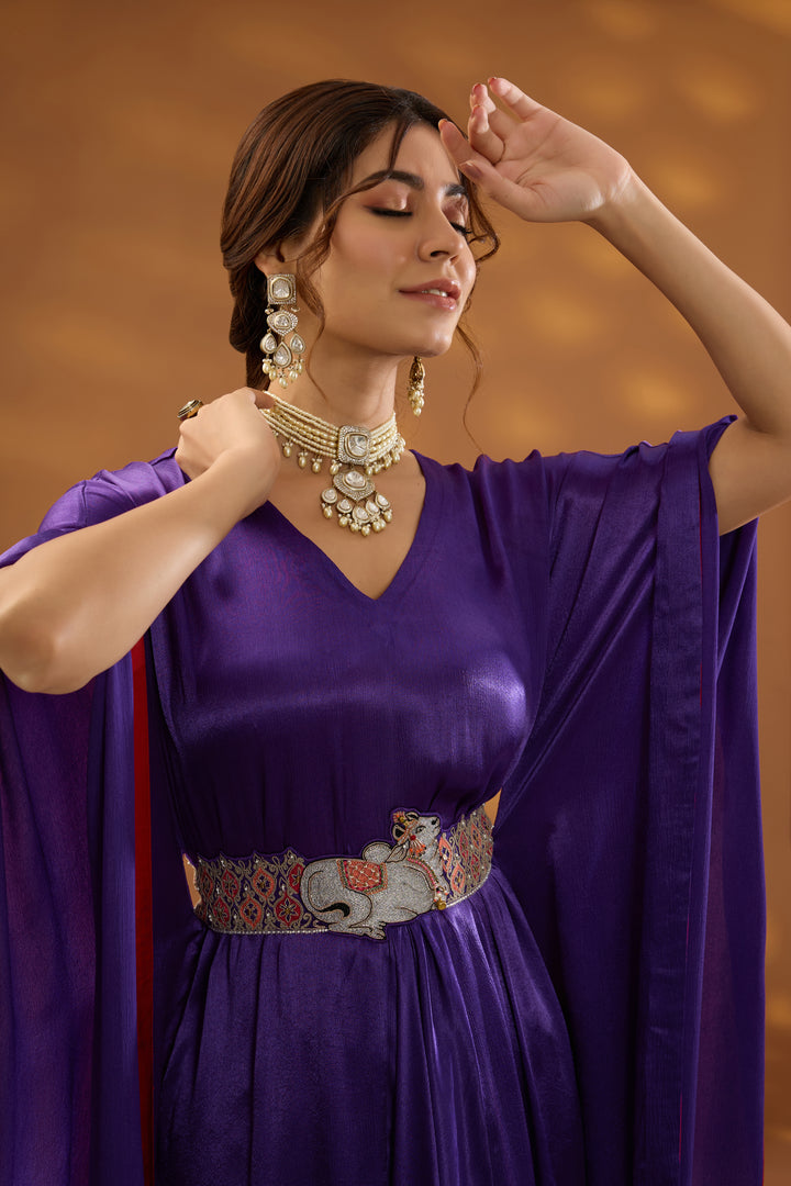 purple chiffon satin embroidered drape kurta set