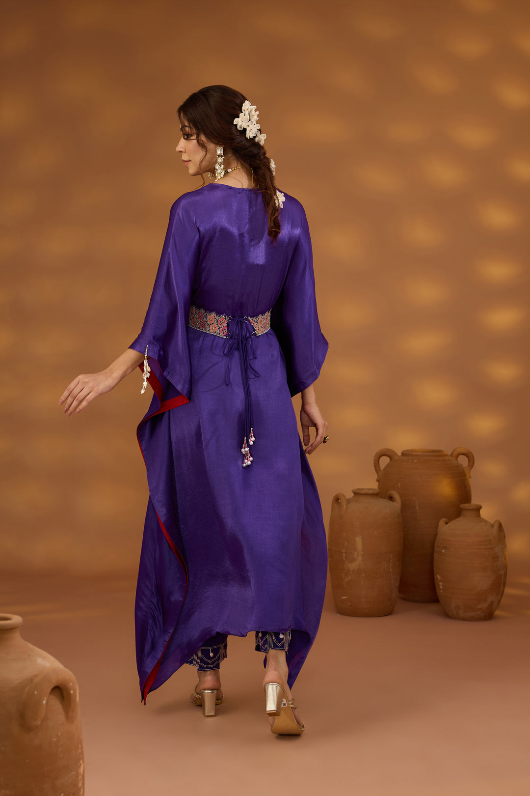 purple chiffon satin embroidered drape kurta set