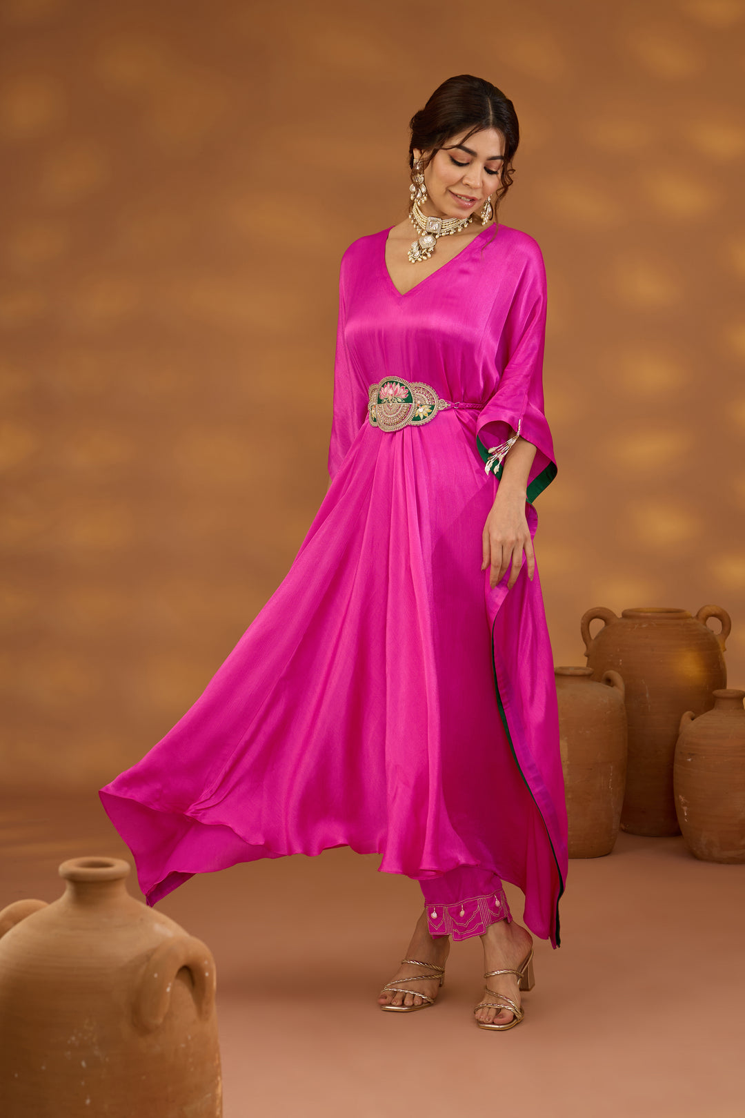 pink chiffon satin embroidered silk kurta set