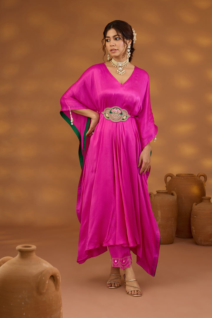 pink chiffon satin embroidered silk kurta set