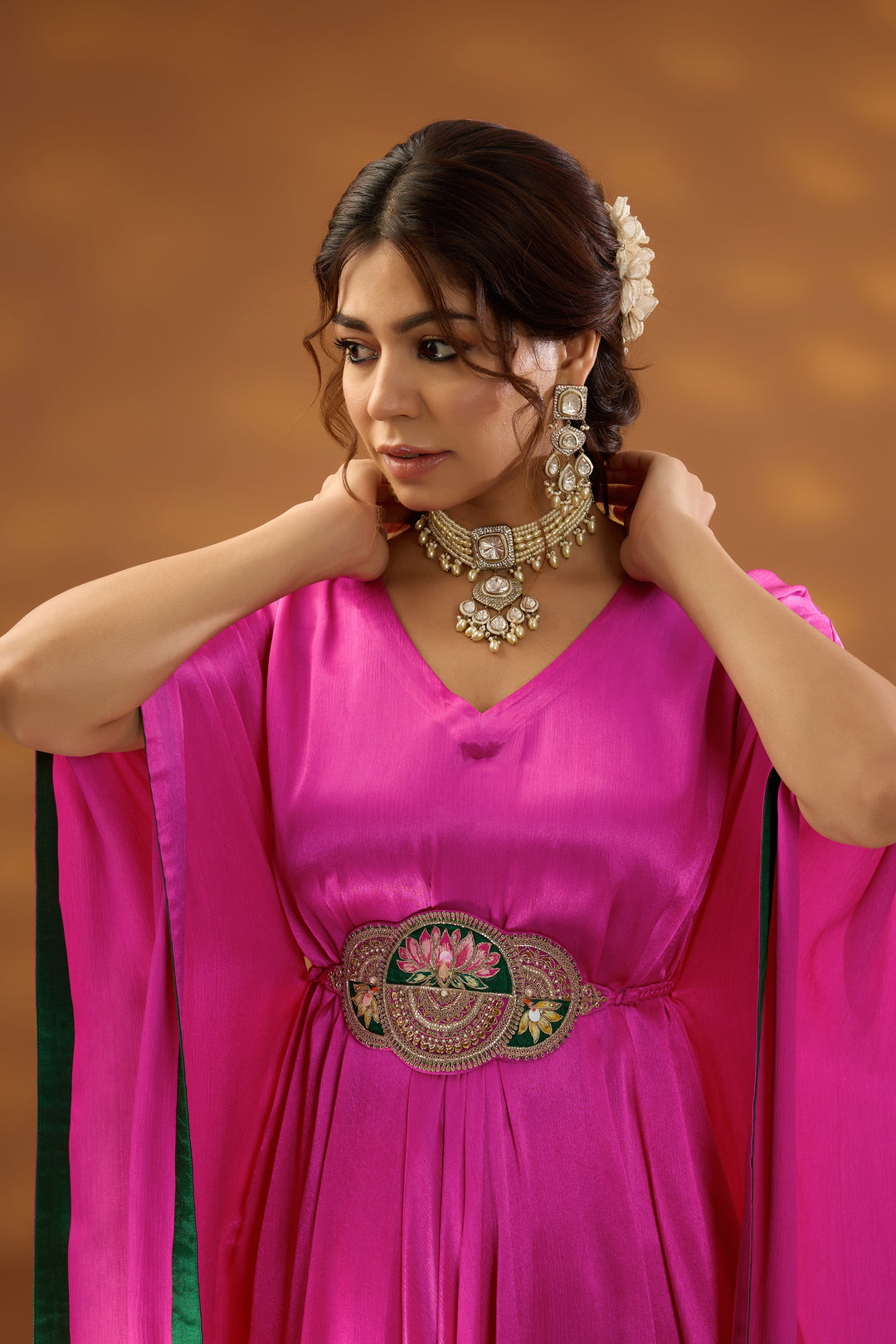 pink chiffon satin embroidered silk kurta set