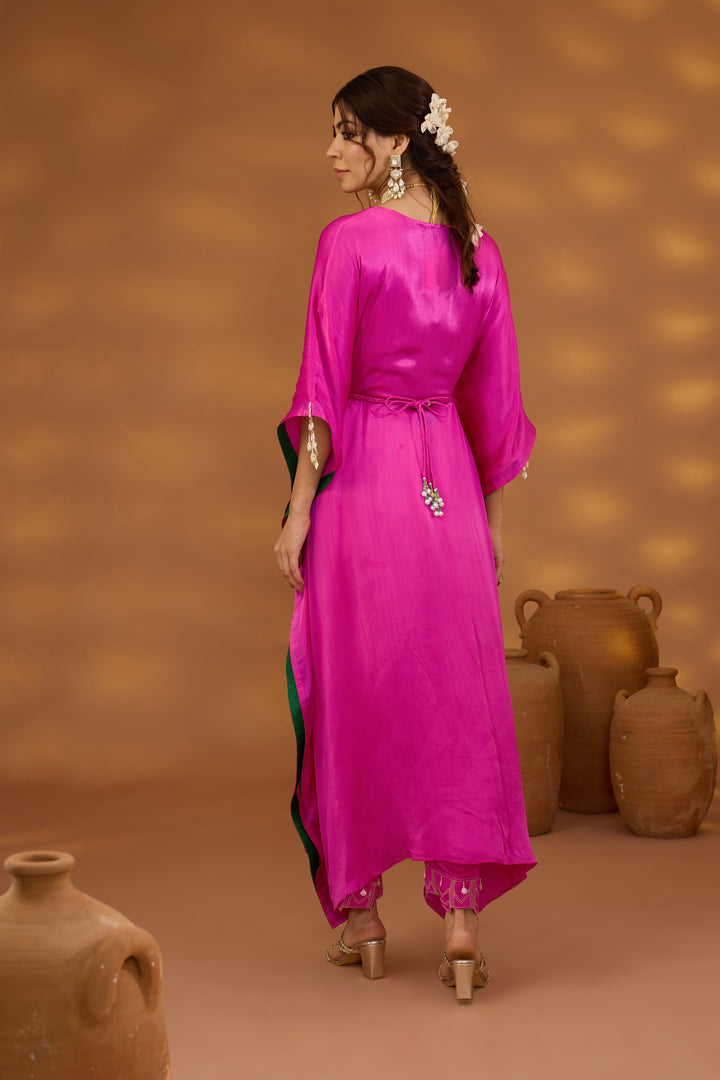 pink chiffon satin embroidered silk kurta set