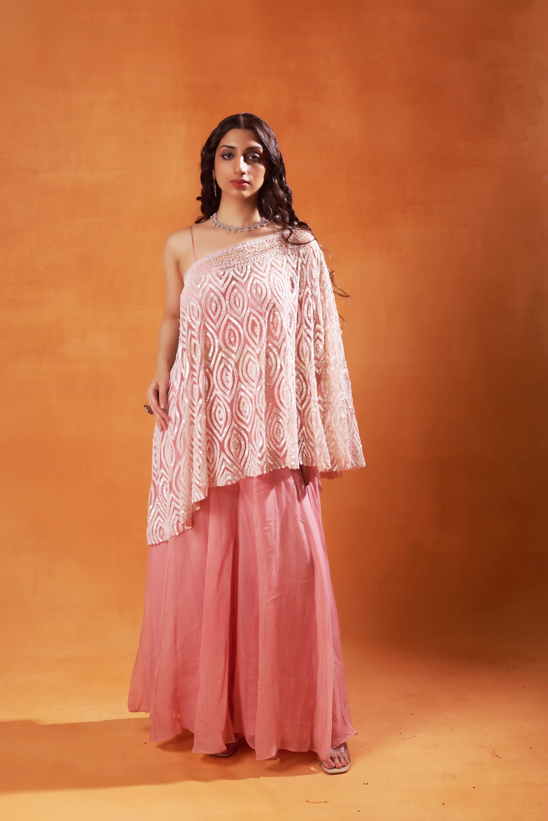 Aysmmetrical embellished indo-western ensemble