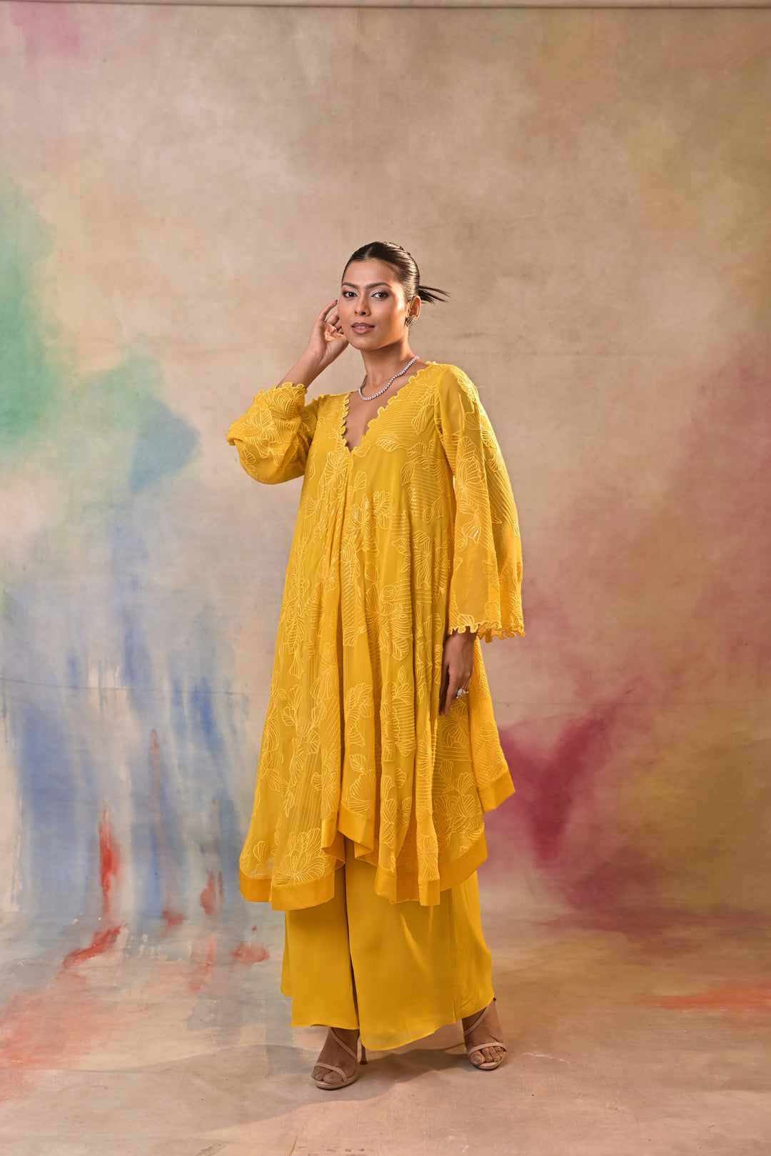 Radiant yellow embellished indo-western set