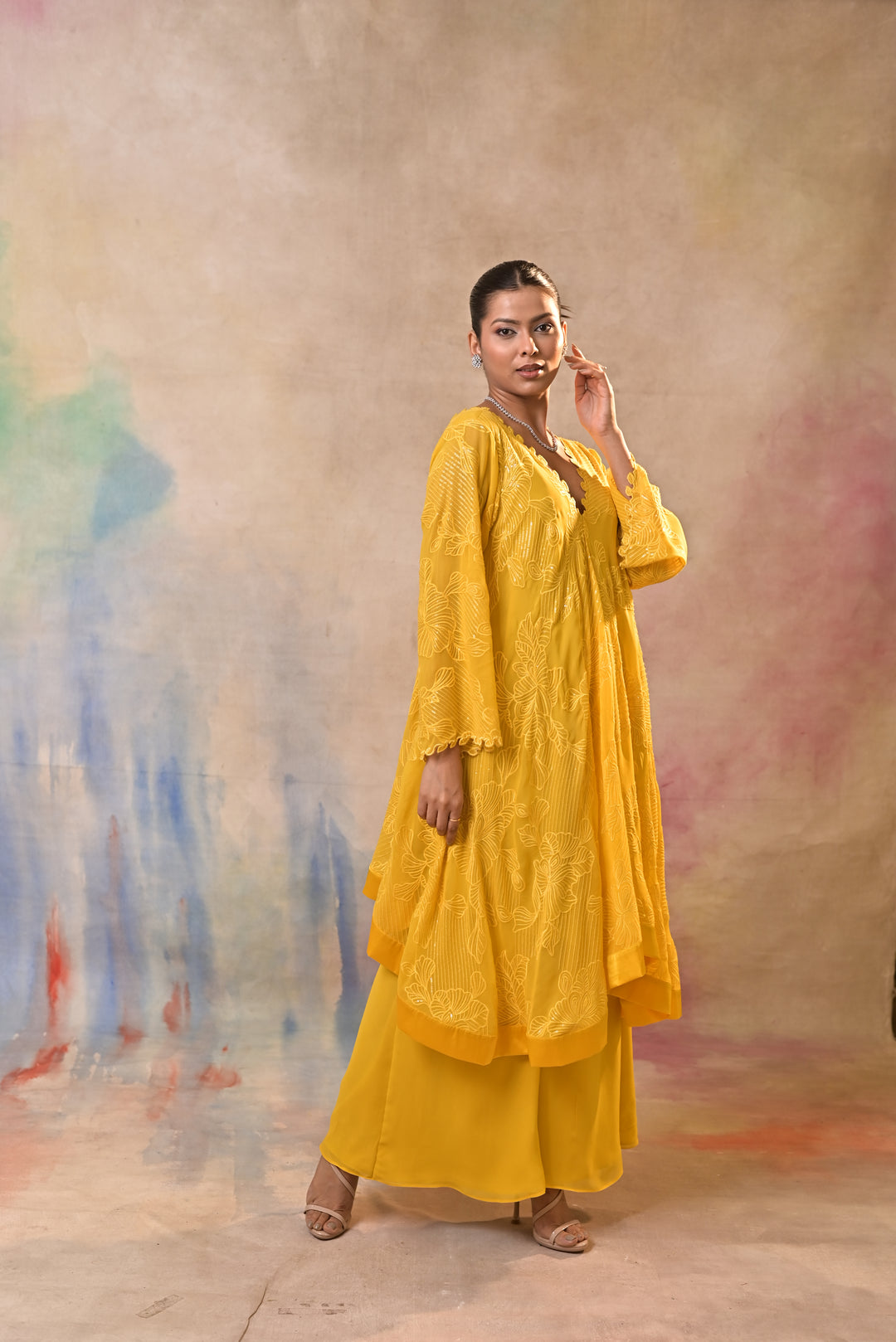 Radiant yellow embellished indo-western set