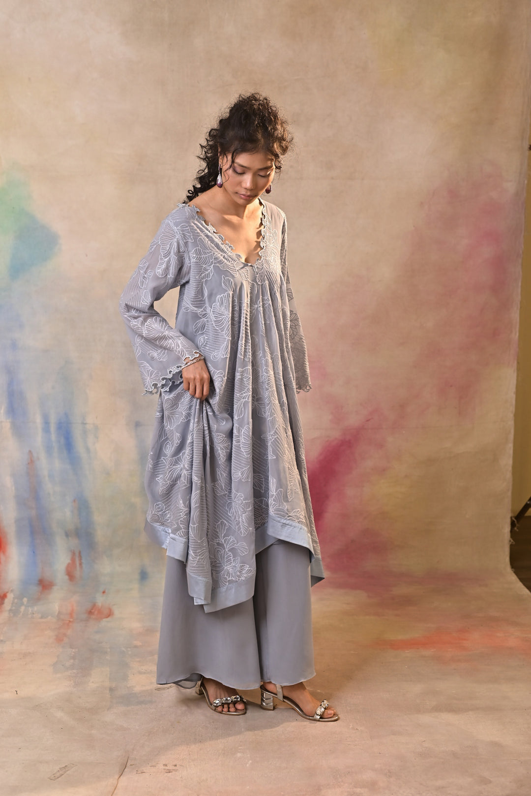 Elegant grey embroidered indo-western set