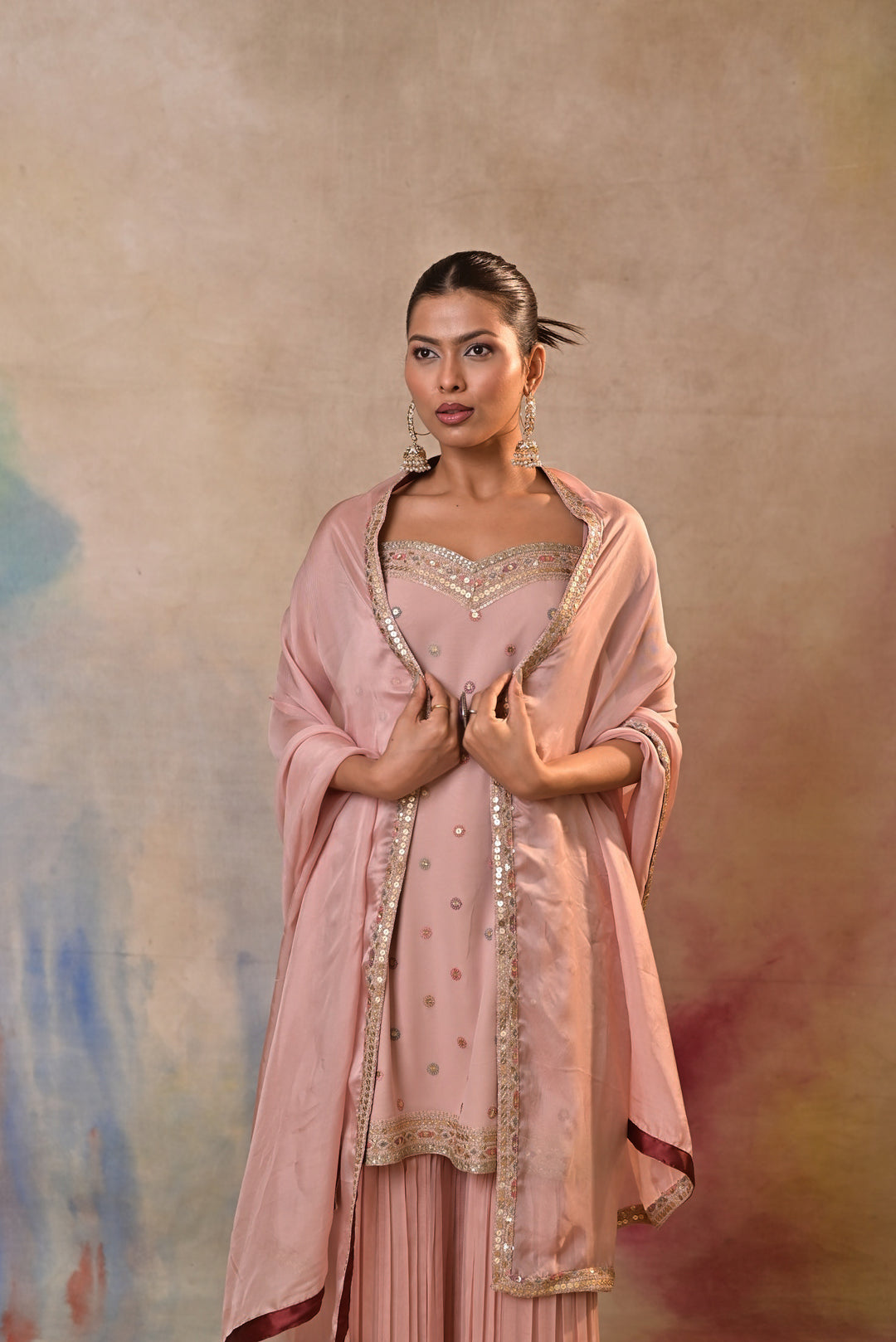 pink embellished sharara set