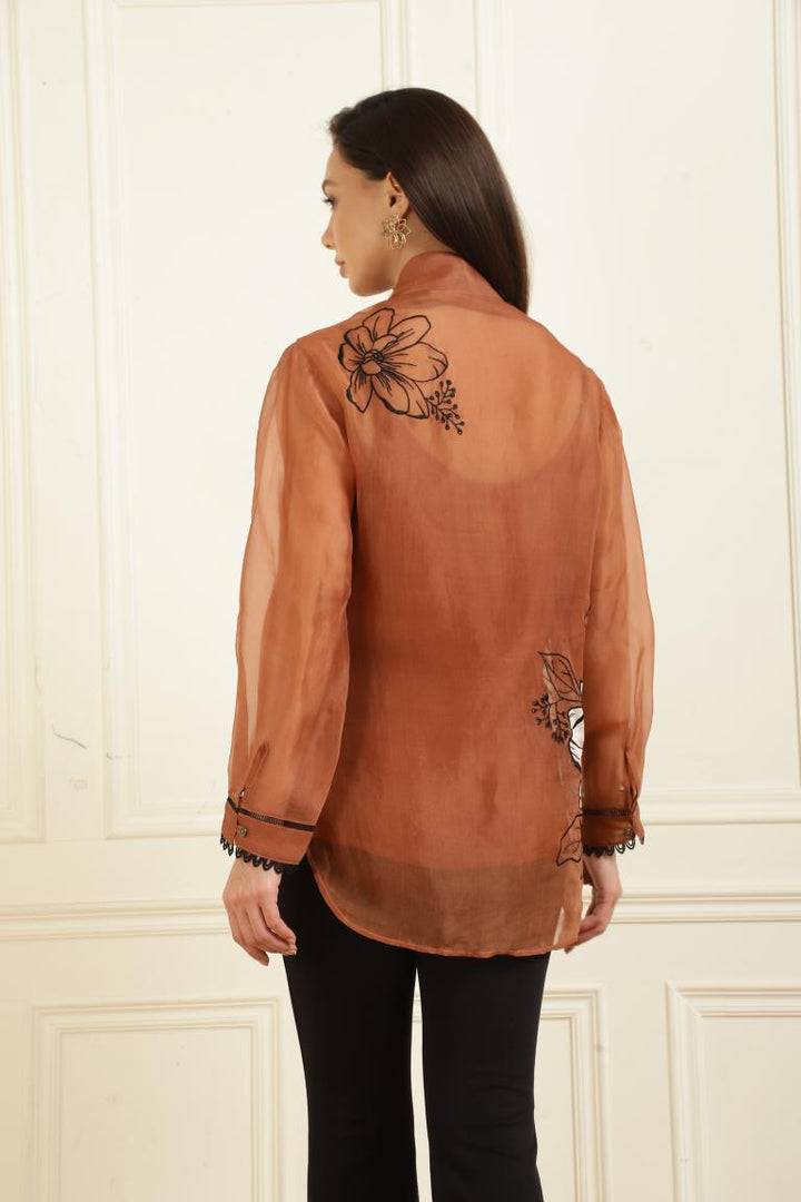 Women’s Sheer Organza Front Open Tie-Neck tan Shirt