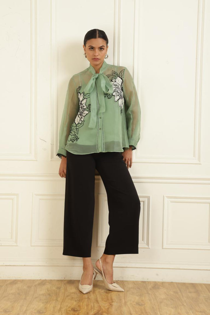 Women’s Sheer Organza Front Open Tie-Neck thyme green Shirt