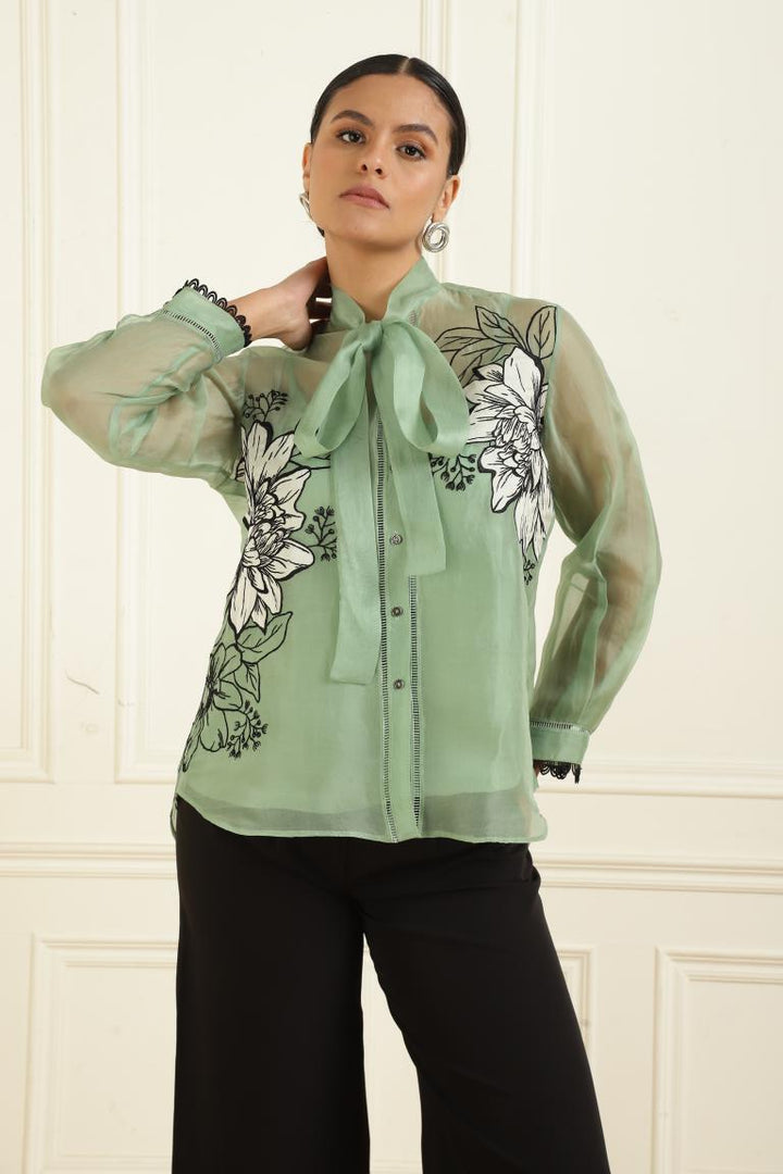 Women’s Sheer Organza Front Open Tie-Neck thyme green Shirt