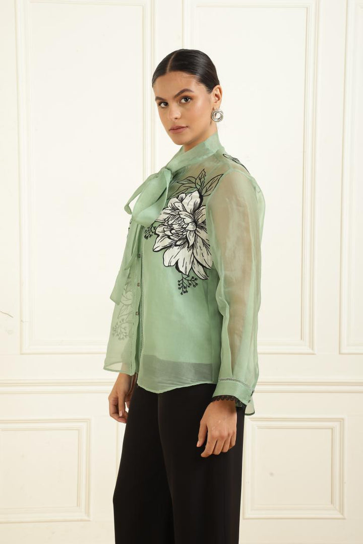 Women’s Sheer Organza Front Open Tie-Neck thyme green Shirt