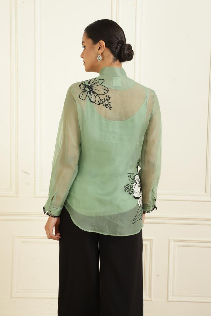 Women’s Sheer Organza Front Open Tie-Neck thyme green Shirt