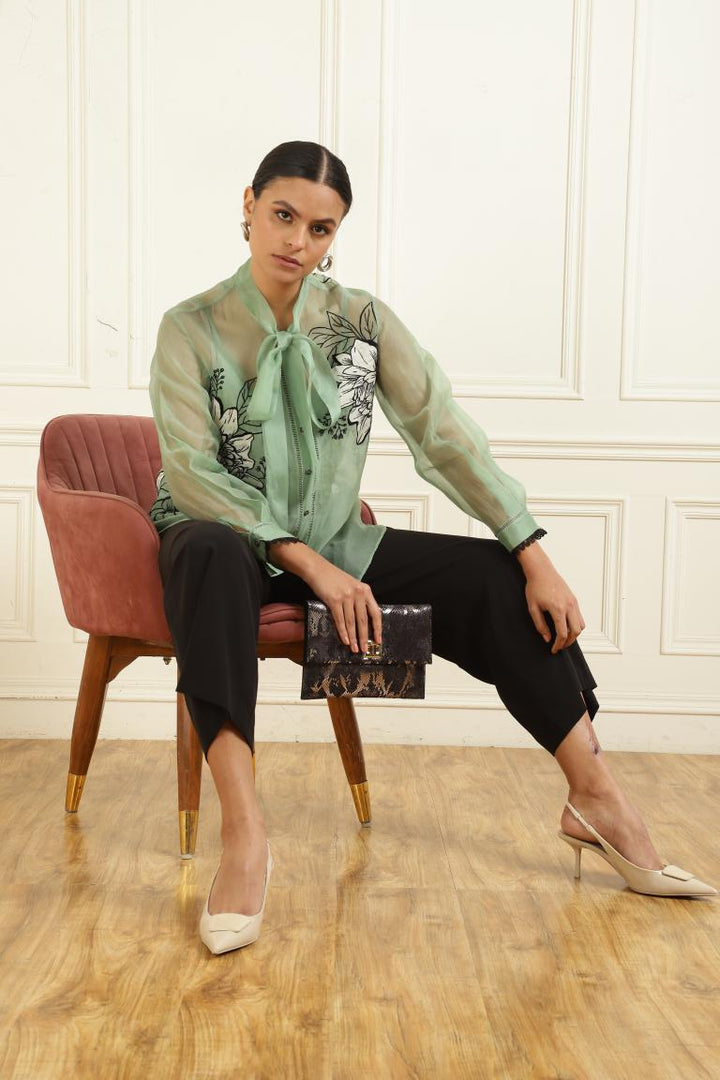 Women’s Sheer Organza Front Open Tie-Neck thyme green Shirt