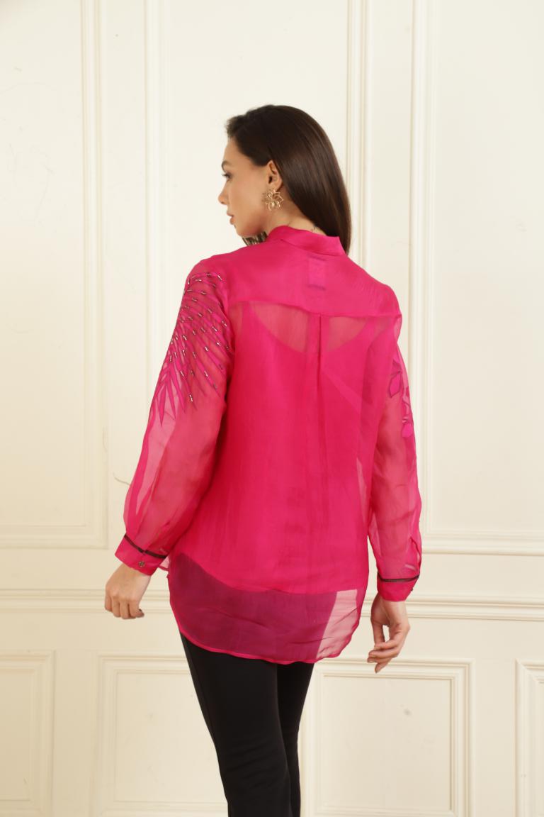Women’s Sheer Organza Front Open Collar fuchsia Shirt