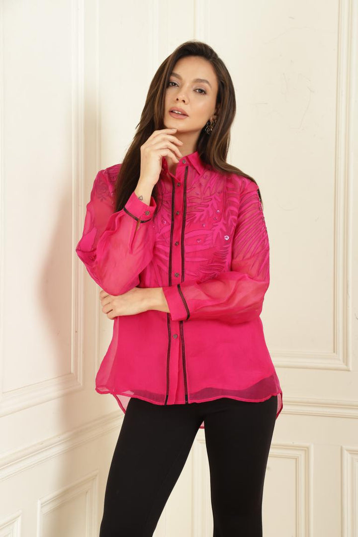 Women’s Sheer Organza Front Open Collar fuchsia Shirt