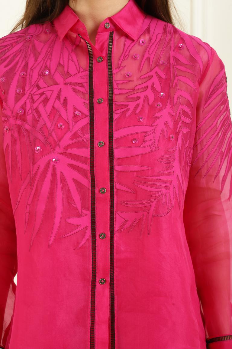 Women’s Sheer Organza Front Open Collar fuchsia Shirt