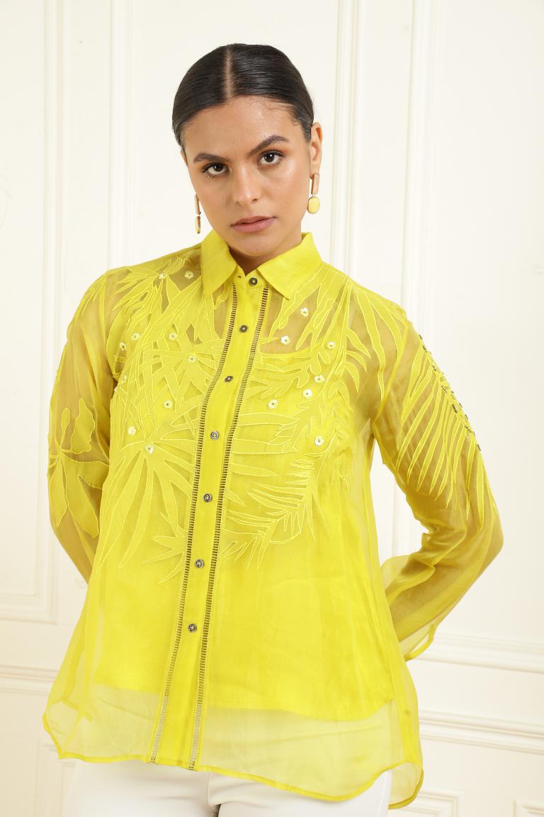 Women’s Sheer Organza Front Open Collar green Shirt