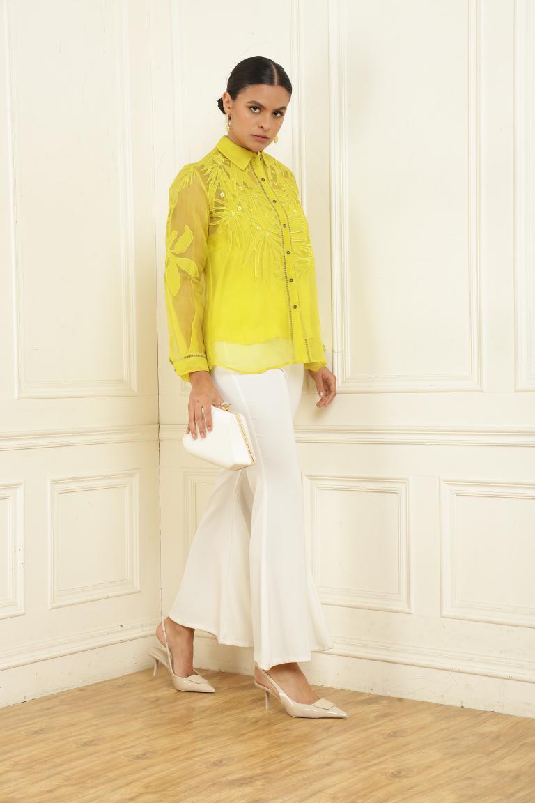 Women’s Sheer Organza Front Open Collar green Shirt