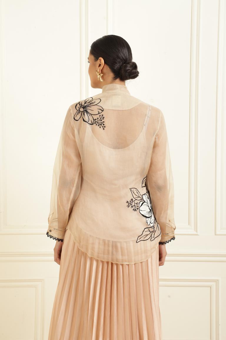 Women’s Sheer Organza Front Open Tie-Neck Champagne Shirt