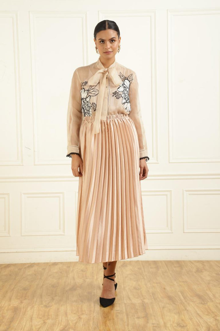 Women’s Sheer Organza Front Open Tie-Neck Champagne Shirt