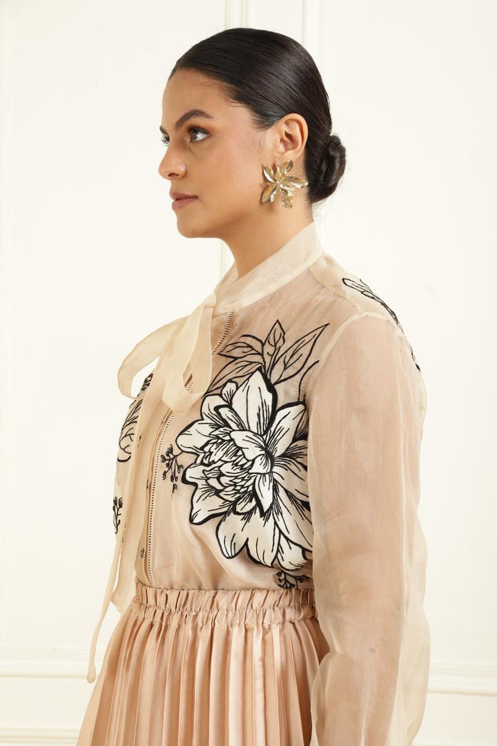 Women’s Sheer Organza Front Open Tie-Neck Champagne Shirt