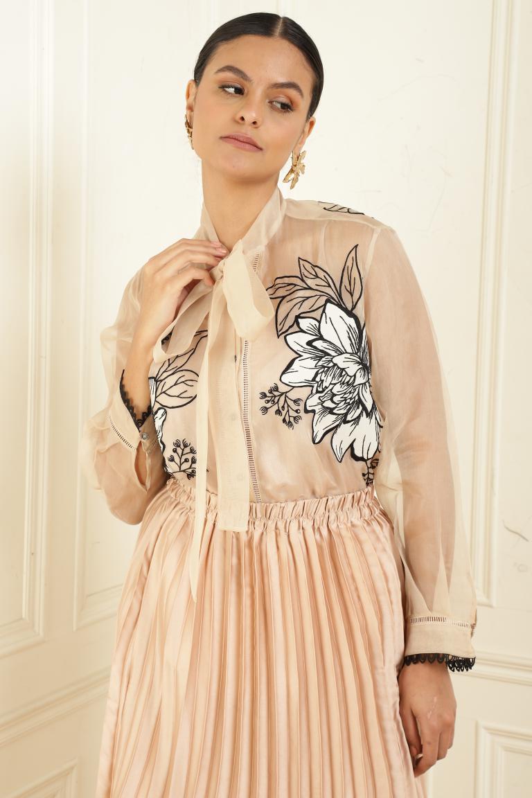 Women’s Sheer Organza Front Open Tie-Neck Champagne Shirt