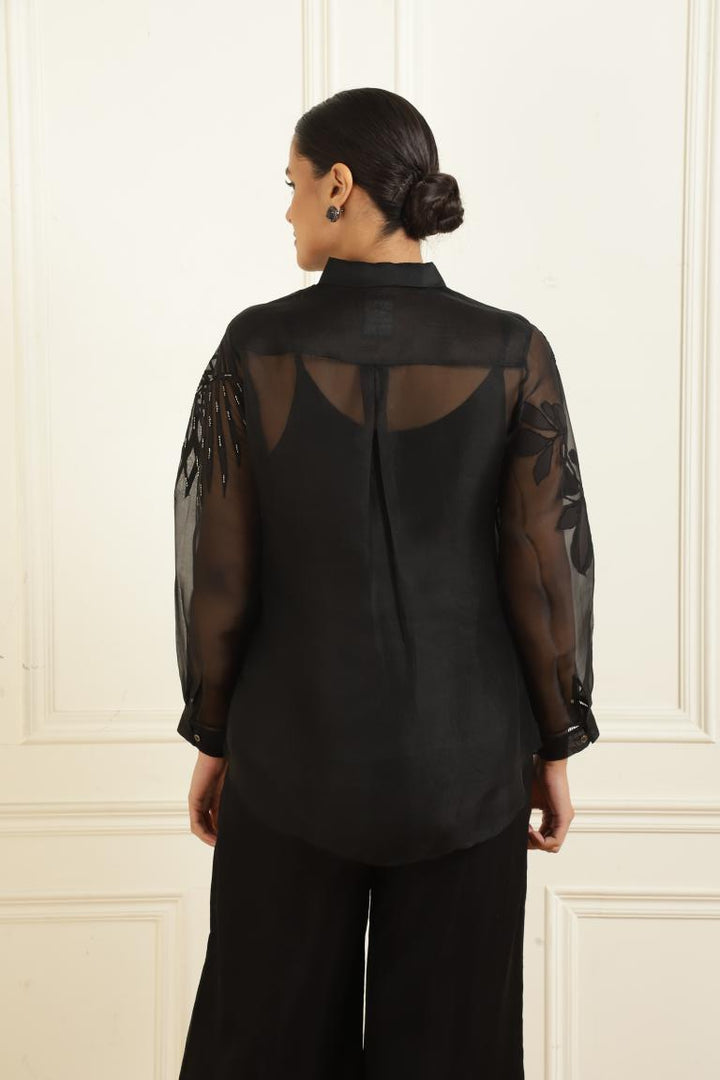 Women’s Sheer Organza Front Open Collar black Shirt