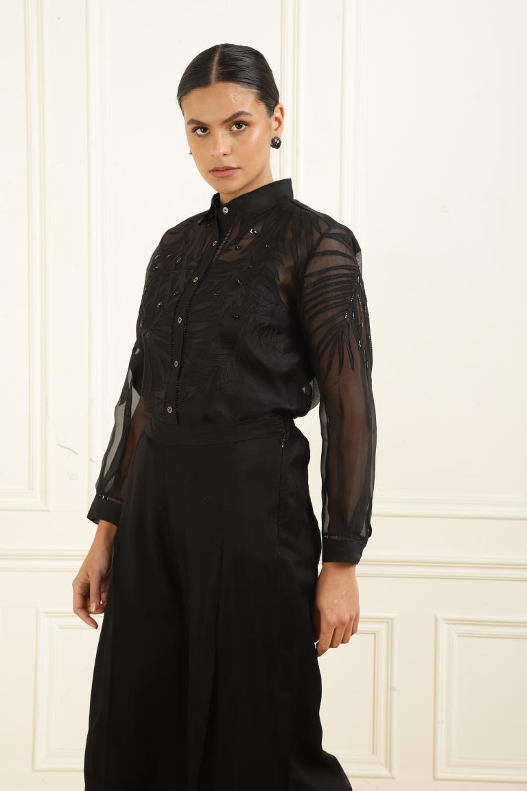 Women’s Sheer Organza Front Open Collar black Shirt