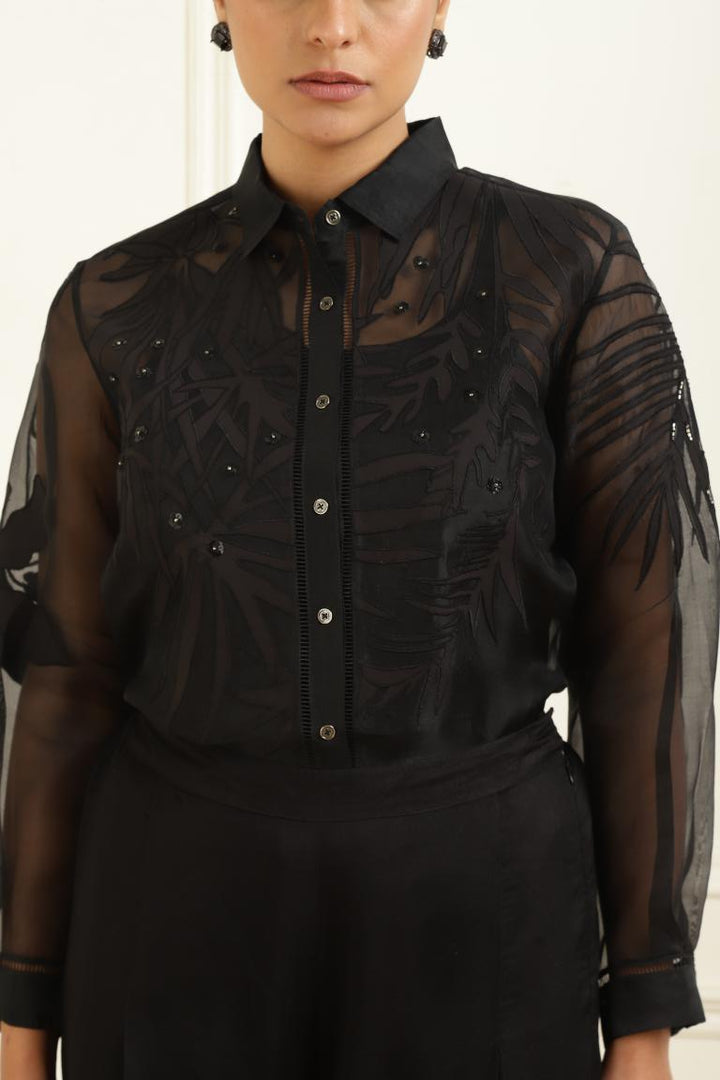 Women’s Sheer Organza Front Open Collar black Shirt