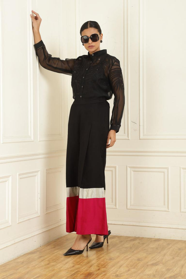 Women’s Sheer Organza Front Open Collar black Shirt