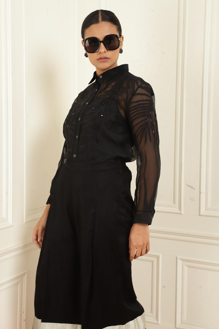 Women’s Sheer Organza Front Open Collar black Shirt