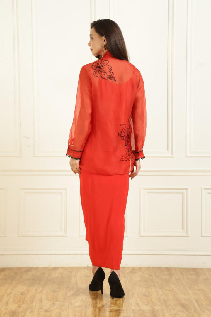 Women’s Sheer Organza Front Open Tie-Neck Scarlet red Shirt