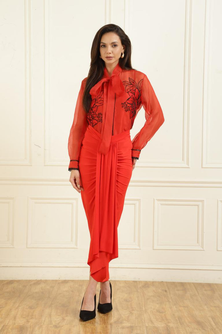Women’s Sheer Organza Front Open Tie-Neck Scarlet red Shirt