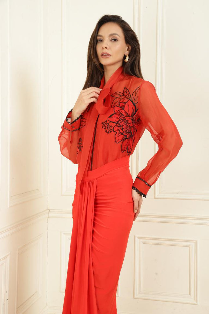 Women’s Sheer Organza Front Open Tie-Neck Scarlet red Shirt