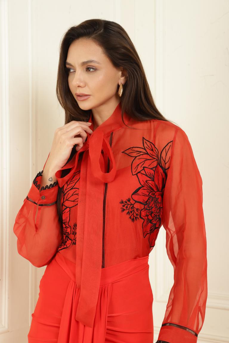 Women’s Sheer Organza Front Open Tie-Neck Scarlet red Shirt