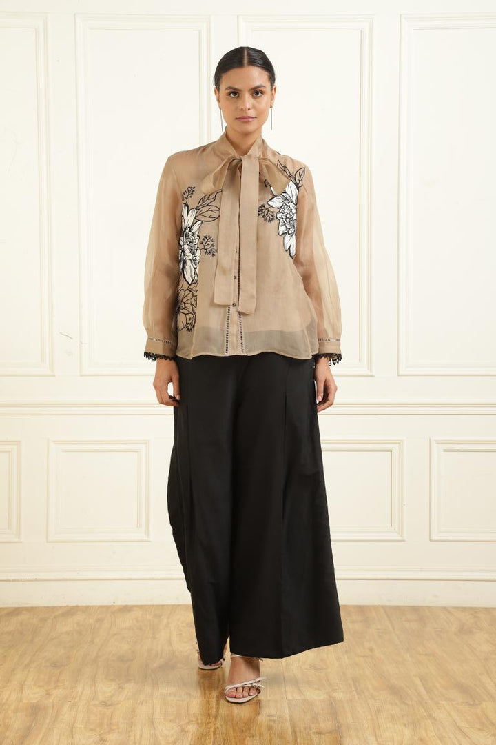 Women’s Sheer Organza Front Open Tie-Neck taupe Shirt