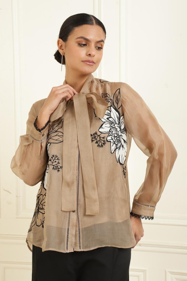 Women’s Sheer Organza Front Open Tie-Neck taupe Shirt