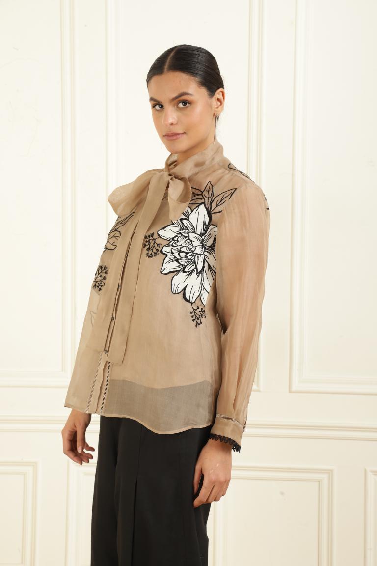 Women’s Sheer Organza Front Open Tie-Neck taupe Shirt