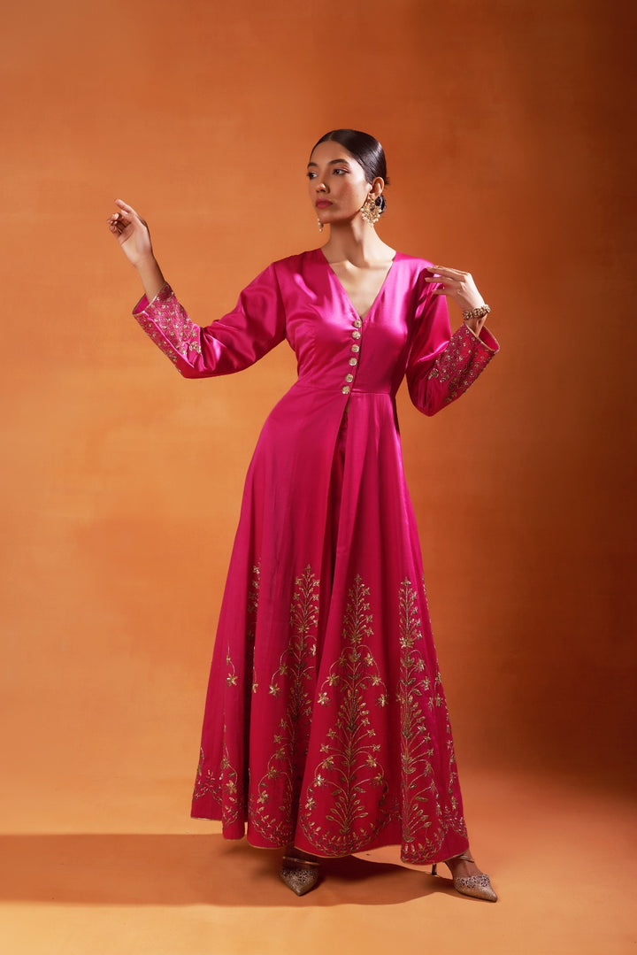 Radiant Pink Anarkali with gold embroidery