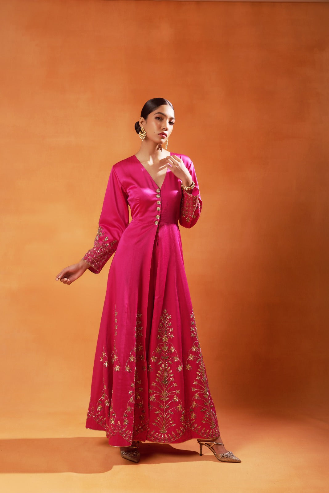 Radiant Pink Anarkali with gold embroidery