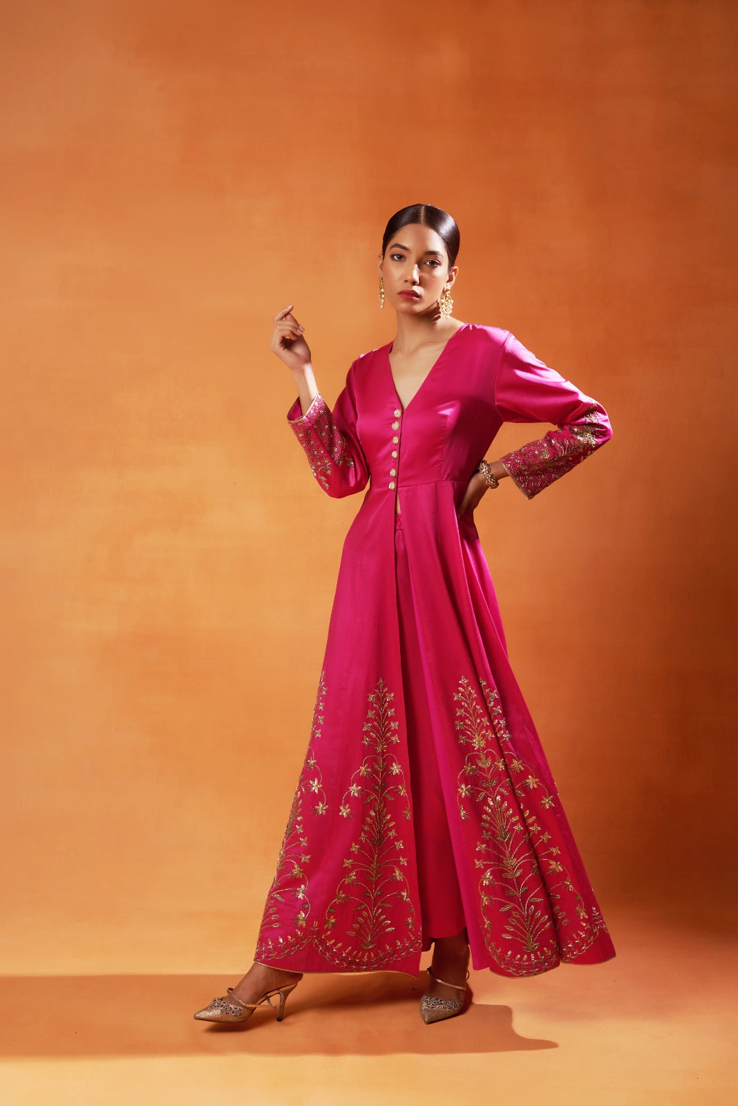 Radiant Pink Anarkali with gold embroidery