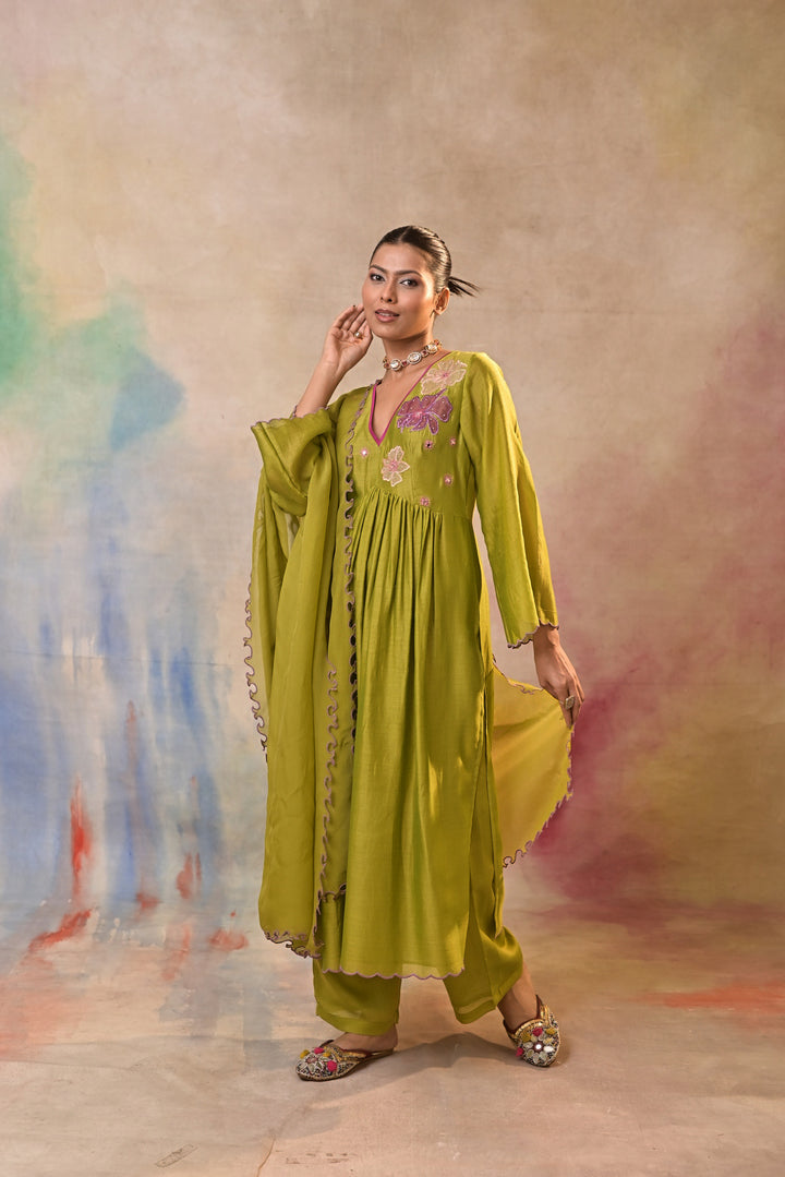 Olive green floral embroidered salwar kameez set