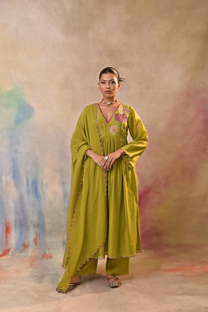 Olive green floral embroidered salwar kameez set