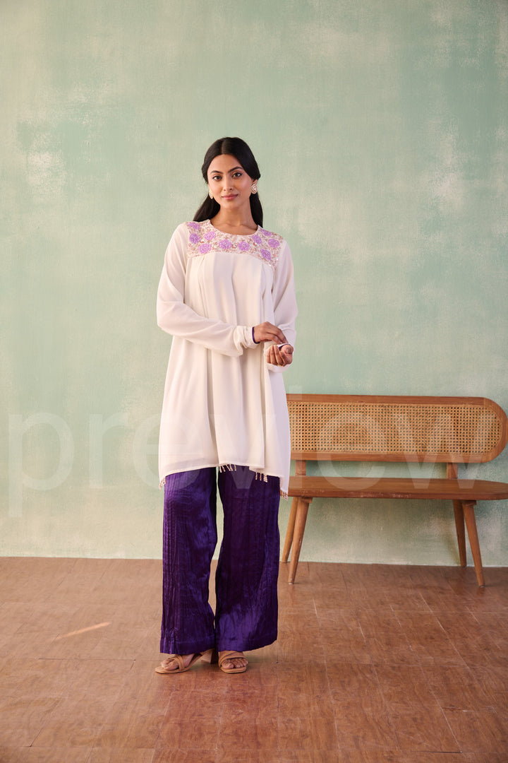 yoke with box pleatted ghera with churidar sleeves comes along with pleated pant