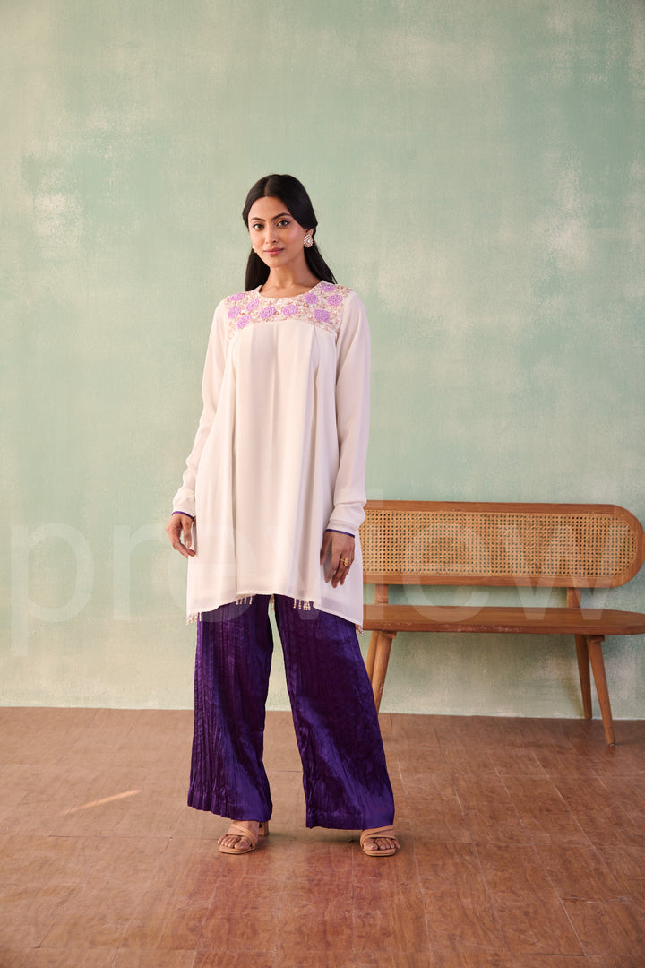 yoke with box pleatted ghera with churidar sleeves comes along with pleated pant