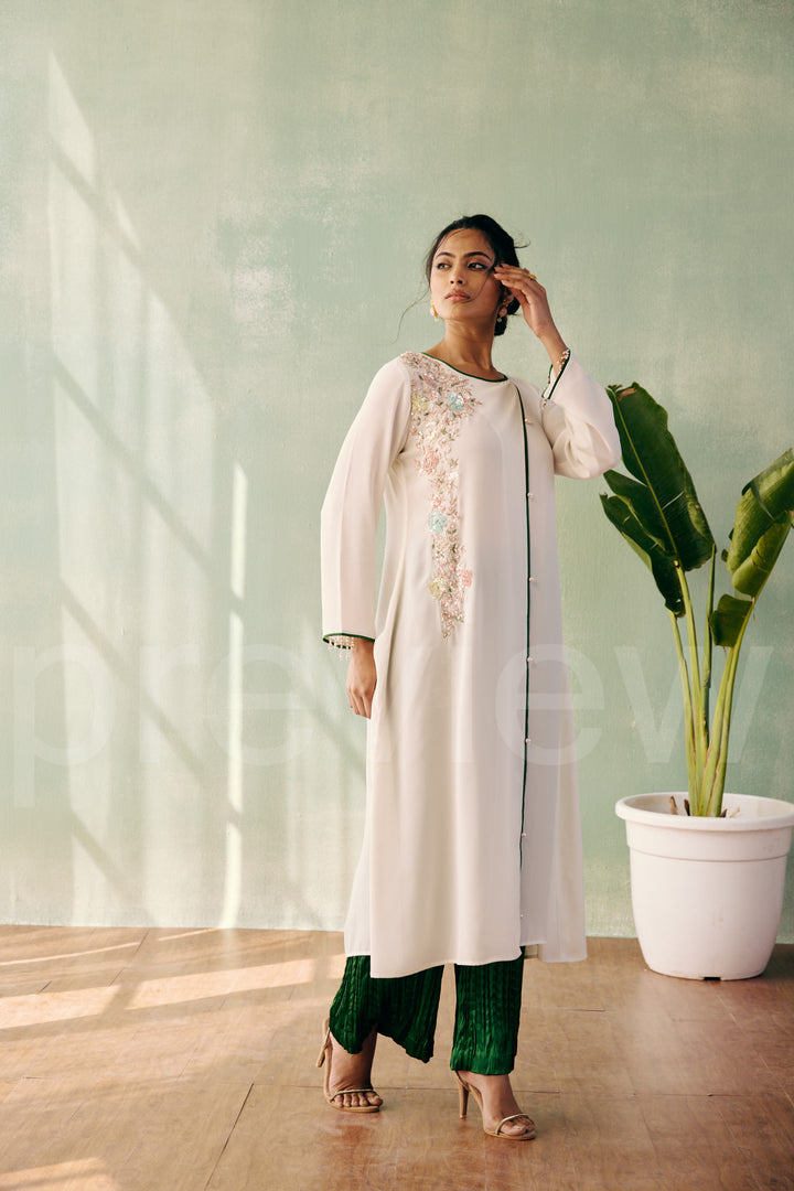long shirt with front cross pannel comes along with pleated pant