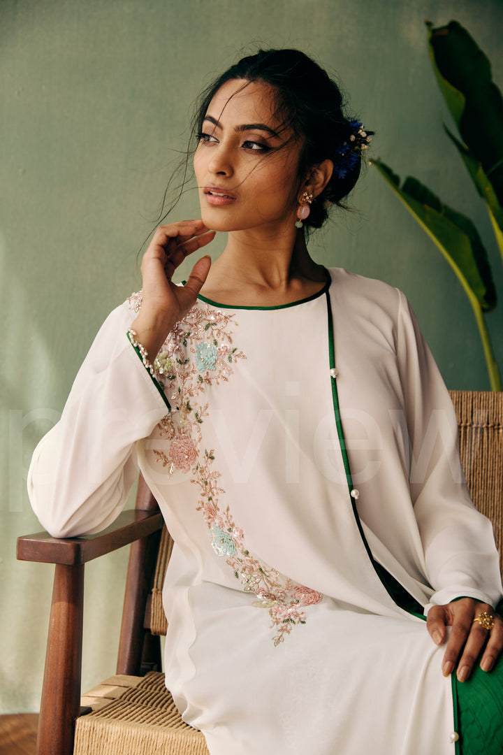 long shirt with front cross pannel comes along with pleated pant